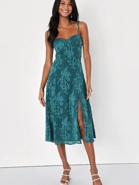 Lulu's Emerald Green Jacquard Tie-Shoulder Midi Dress